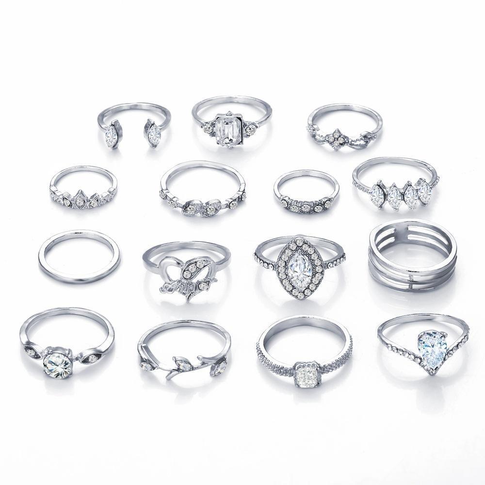 15 Piece Halo Pave Ring Set With Gemstone  Crystals  Silvertone Ring 