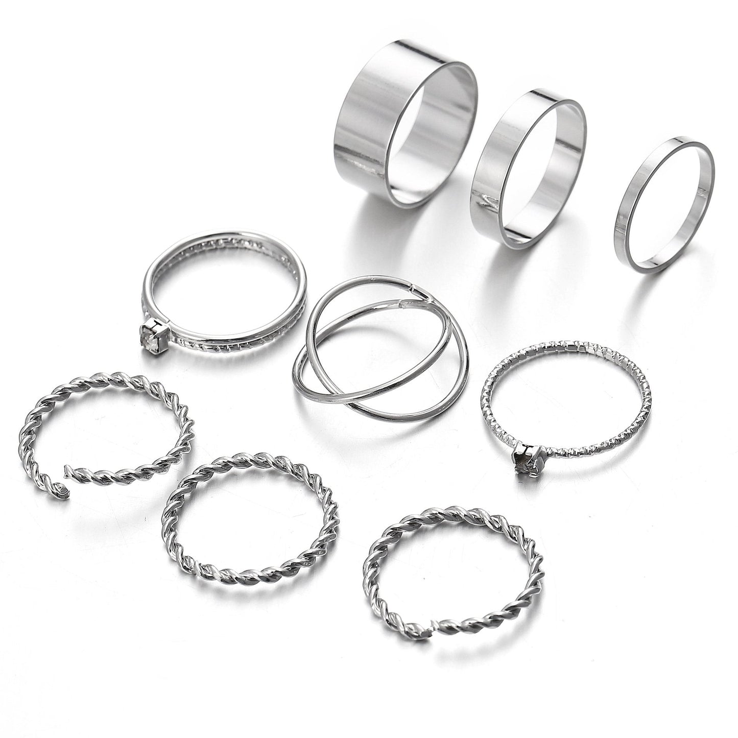 9 Piece Twist Geo Ring Set  Silvertone Ring in  Silvertone ITALY Design