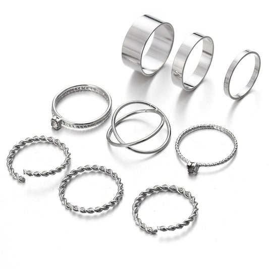 9 Piece Twist Geo Ring Set  Silvertone Ring in  Silvertone ITALY Design