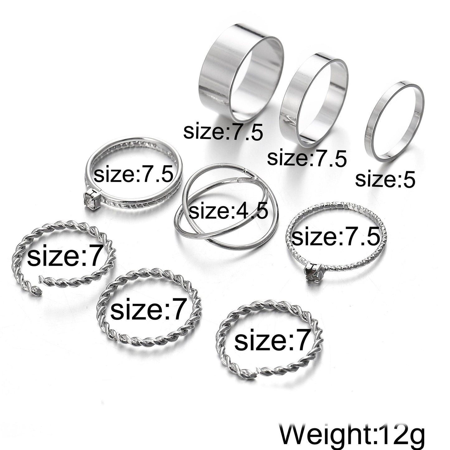 9 Piece Twist Geo Ring Set  Silvertone Ring in  Silvertone ITALY Design
