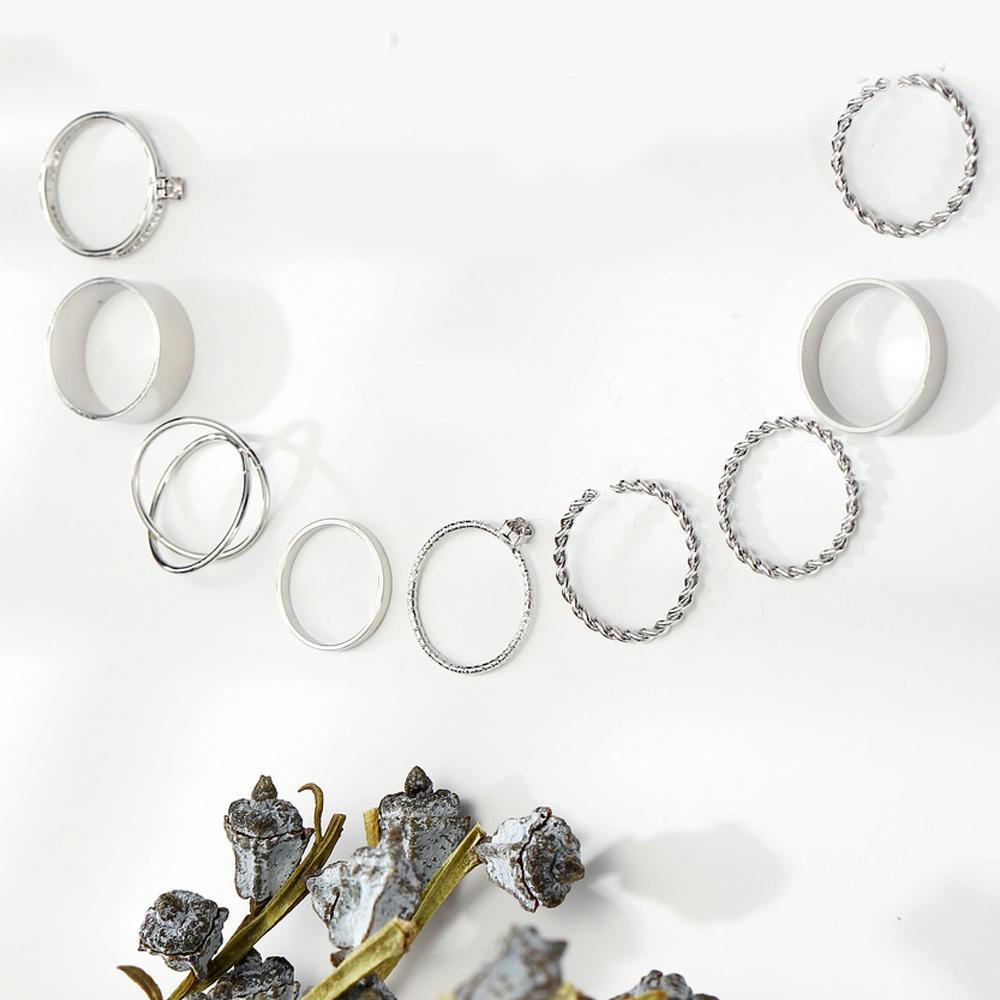 9 Piece Twist Geo Ring Set  Silvertone Ring in  Silvertone ITALY Design