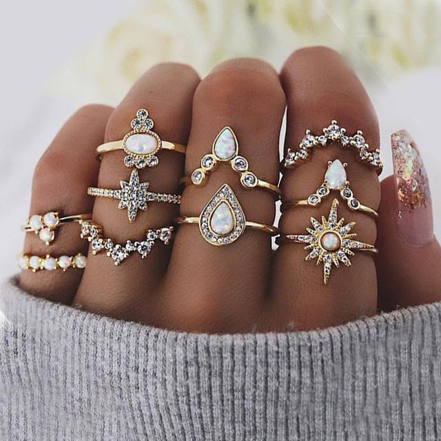 10 Piece Opal Created Ring Set With Gemstone  Crystals Goldtone Ring