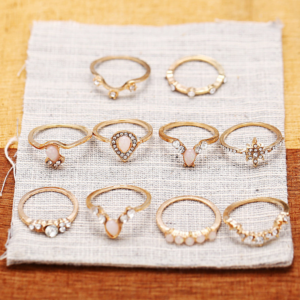 10 Piece Opal Created Ring Set With Crystals Goldtone Ring in Goldtone