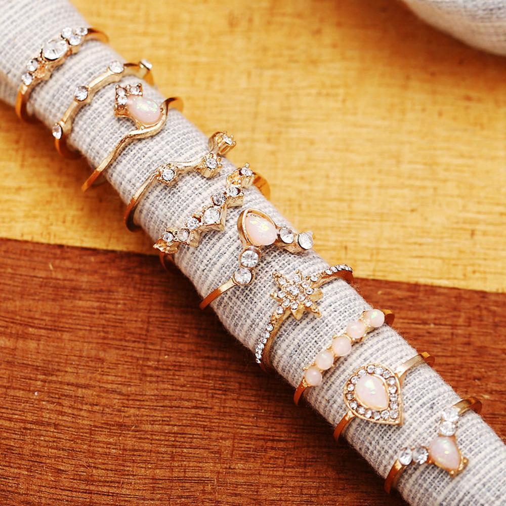 10 Piece Opal Created Ring Set With Gemstone  Crystals Goldtone Ring