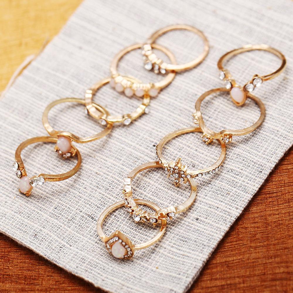 10 Piece Opal Created Ring Set With Crystals Goldtone Ring in Goldtone ITALY Design