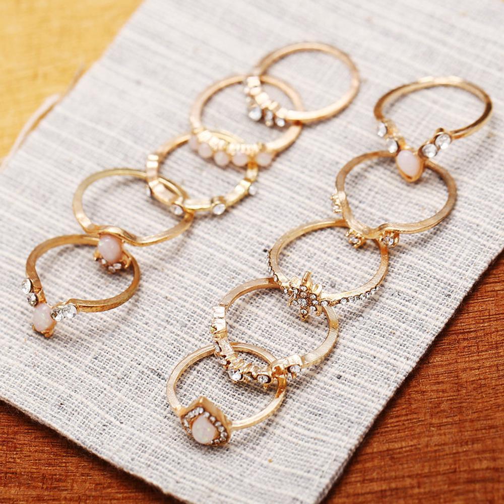 10 Piece Opal Created Ring Set With Gemstone  Crystals Goldtone Ring