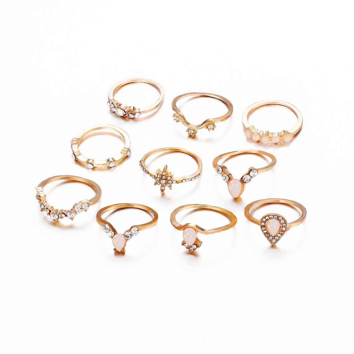 10 Piece Opal Created Ring Set With Gemstone  Crystals Goldtone Ring