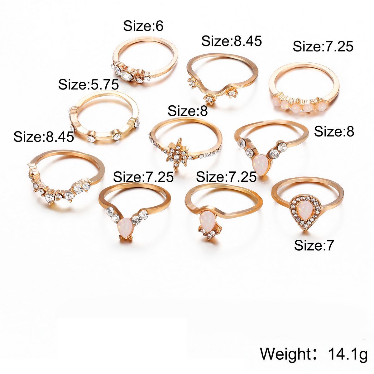 10 Piece Opal Created Ring Set With Crystals Goldtone Ring in Goldtone ITALY Design