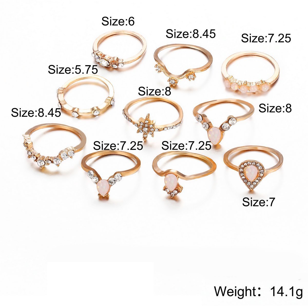 10 Piece Opal Created Ring Set With Gemstone  Crystals Goldtone Ring