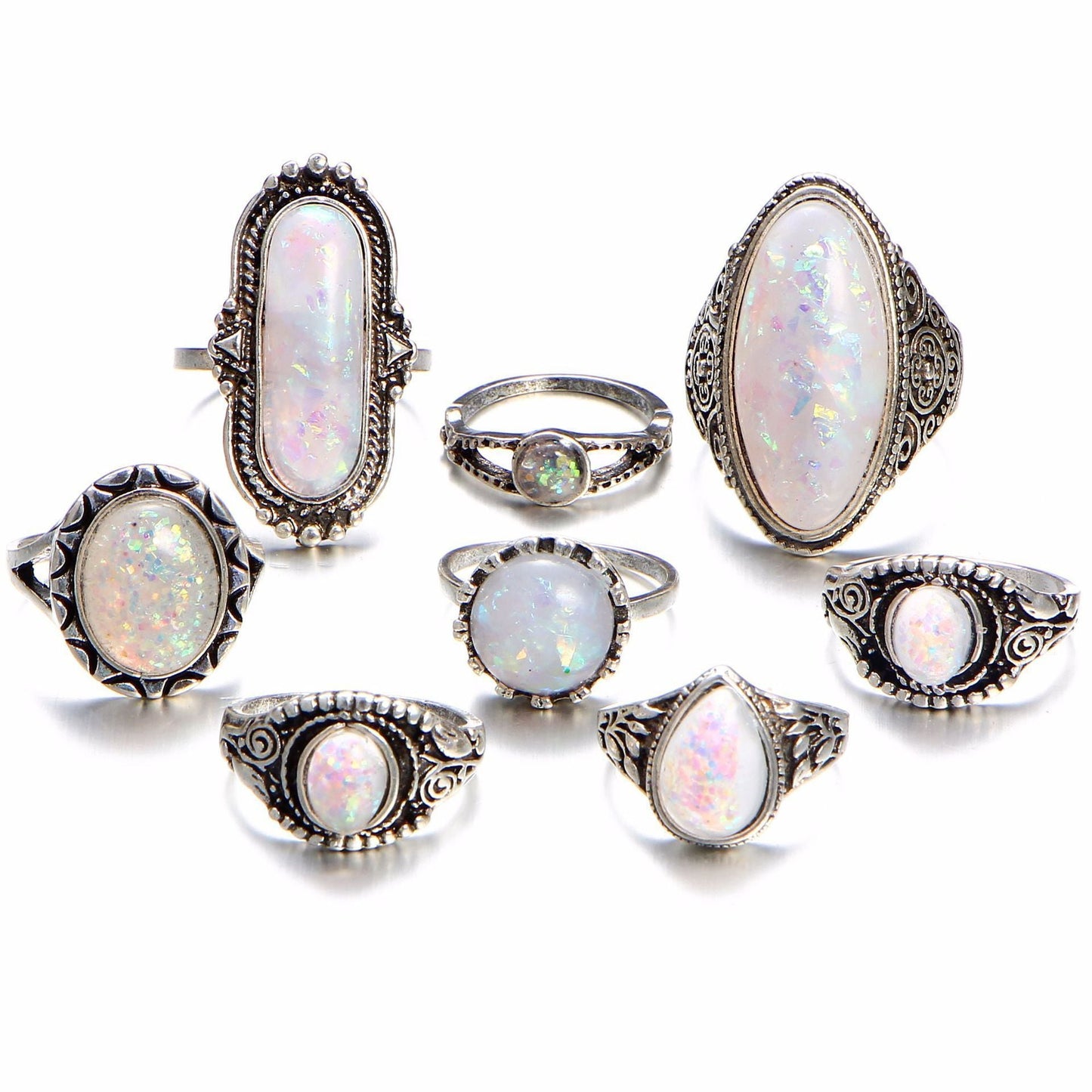 8 Piece Opal Created Oxidized Ring Set With Gemstone  Crystals  Silvertone Ring 