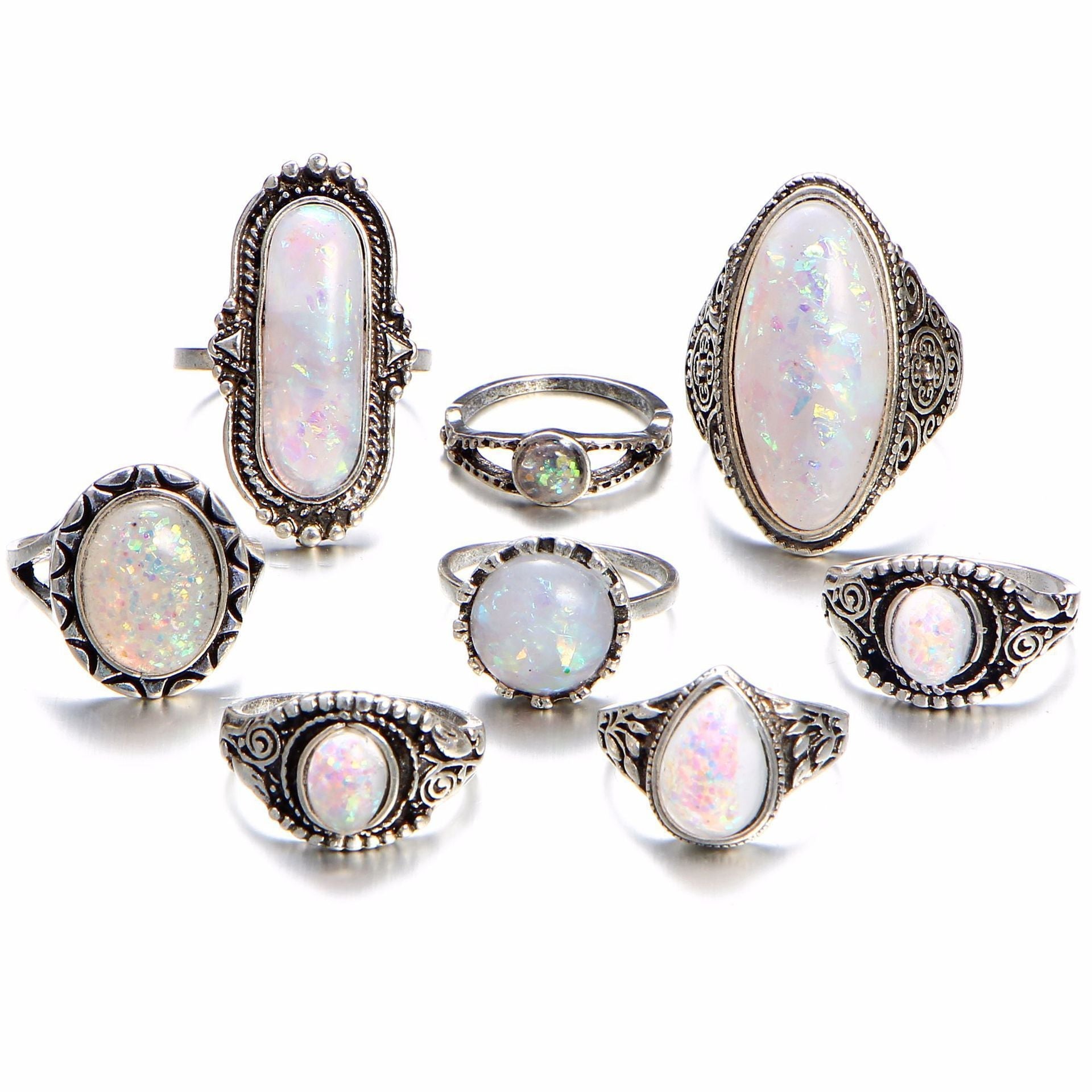 8 Piece Opal Created Oxidized Ring Set With Gemstone  Crystals  Silvertone Ring 