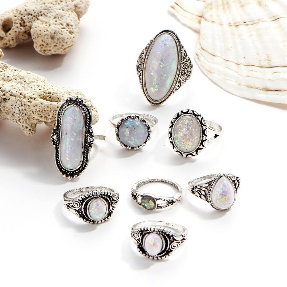 8 Piece Opal Created Oxidized Ring Set With Gemstone  Crystals  Silvertone Ring 