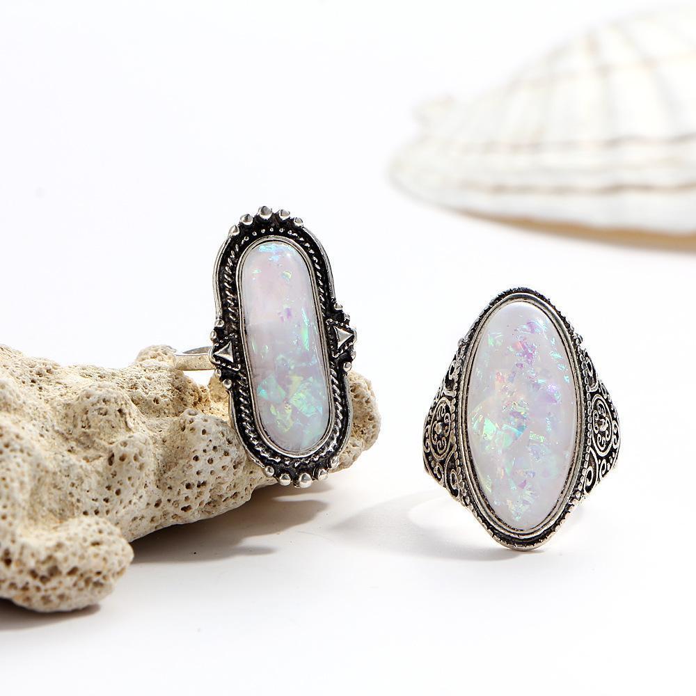 8 Piece Opal Created Oxidized Ring Set With Gemstone  Crystals  Silvertone Ring 