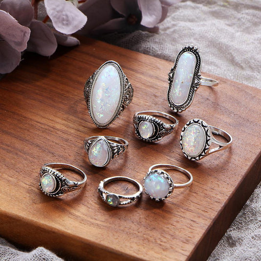 8 Piece Opal Created Oxidized Ring Set With Gemstone  Crystals  Silvertone Ring 