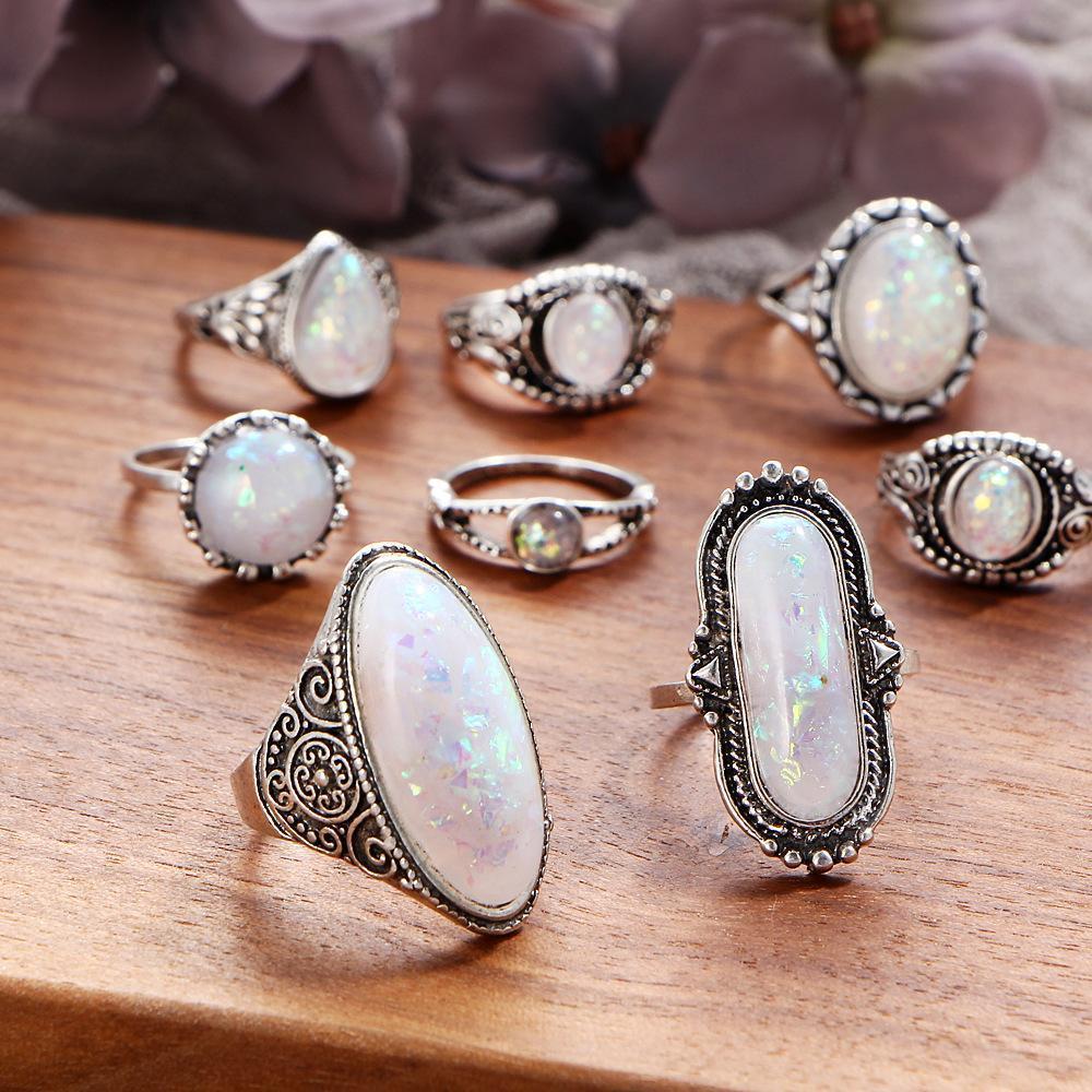 8 Piece Opal Created Oxidized Ring Set With Gemstone  Crystals  Silvertone Ring 