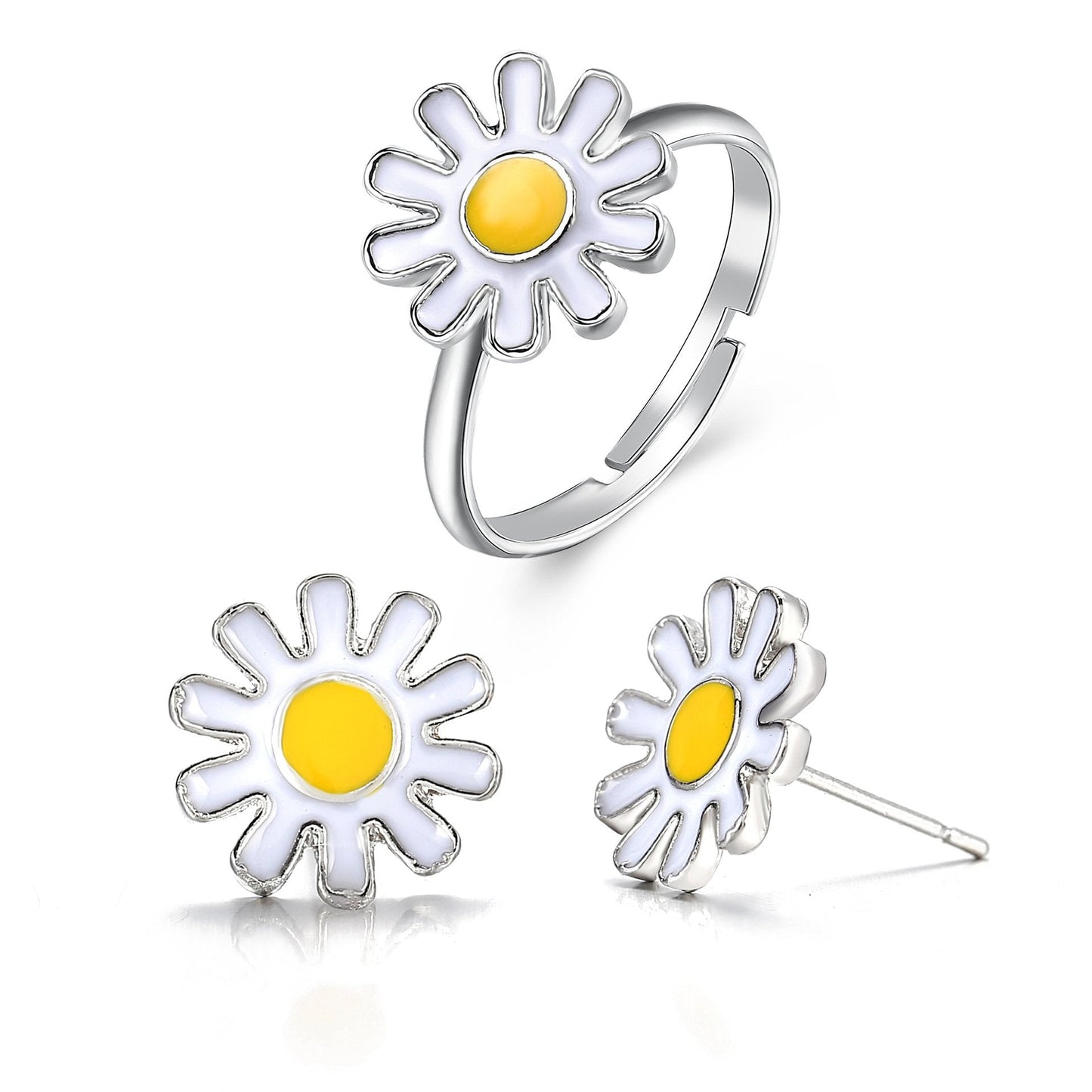 3 Piece Daisy Flower Jewelry Set  Silvertone Set in  Silvertone ITALY Design