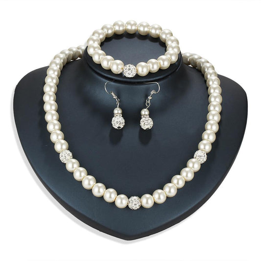3 Piece Pearl and Shamballa Jewelry Set With Crystals  Silvertone Set in  Silvertone ITALY Design