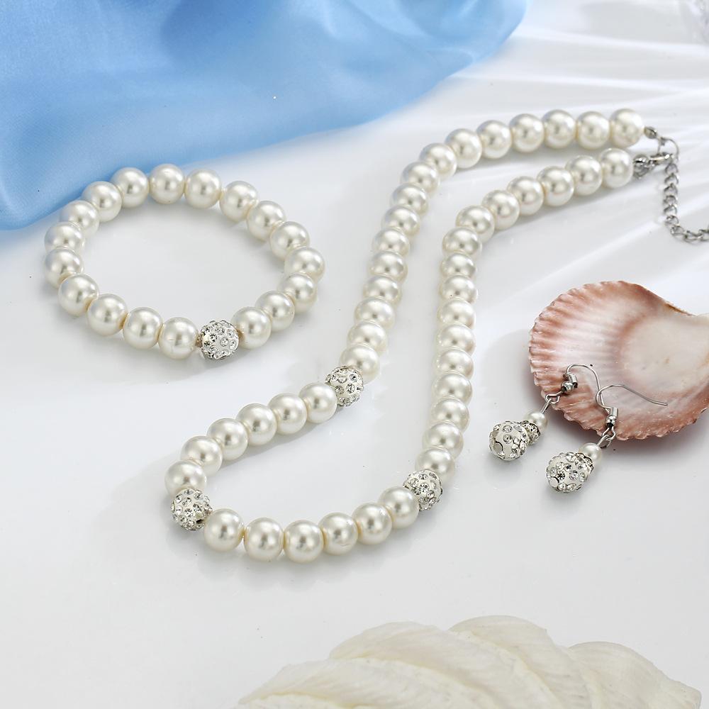 3 Piece Pearl and Shamballa Jewelry Set With Crystals  Silvertone Set in  Silvertone ITALY Design