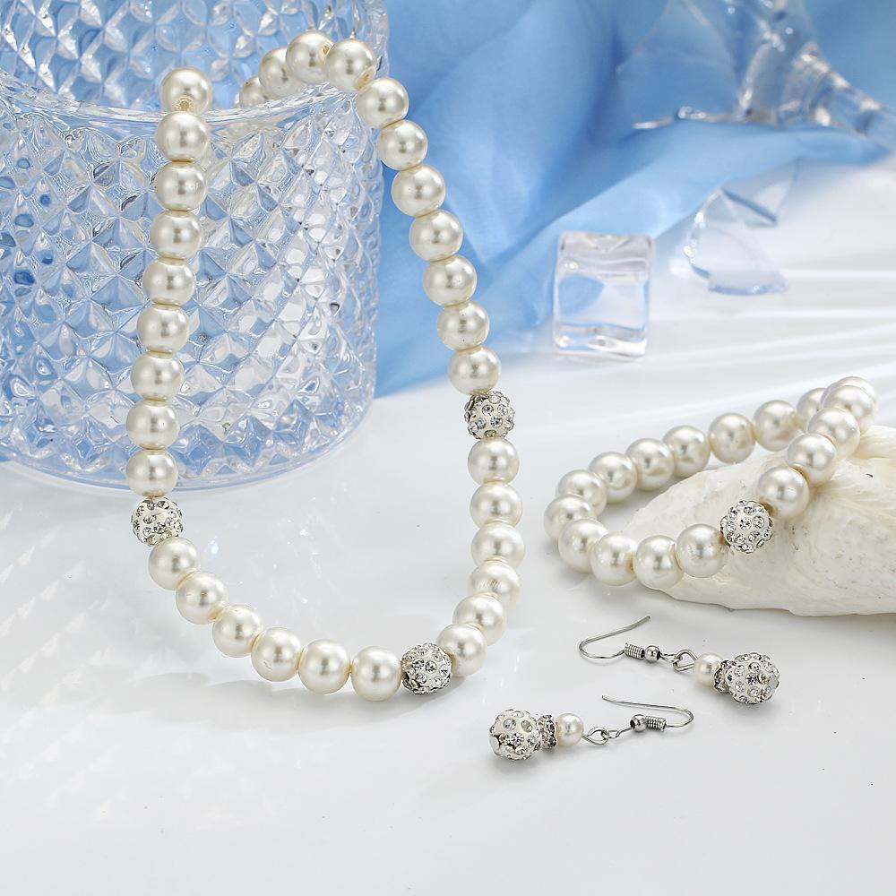 3 Piece Pearl and Shamballa Jewelry Set With Crystals  Silvertone Set in  Silvertone ITALY Design