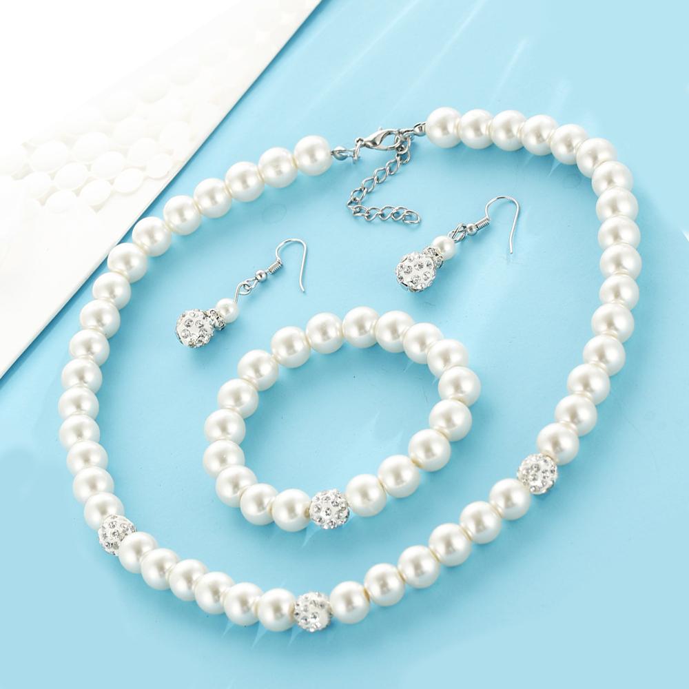 3 Piece Pearl and Shamballa Jewelry Set With Crystals  Silvertone Set in  Silvertone ITALY Design