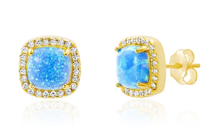 Opal Created 1.00 CT Stud Earring with  Crystals - Goldtone