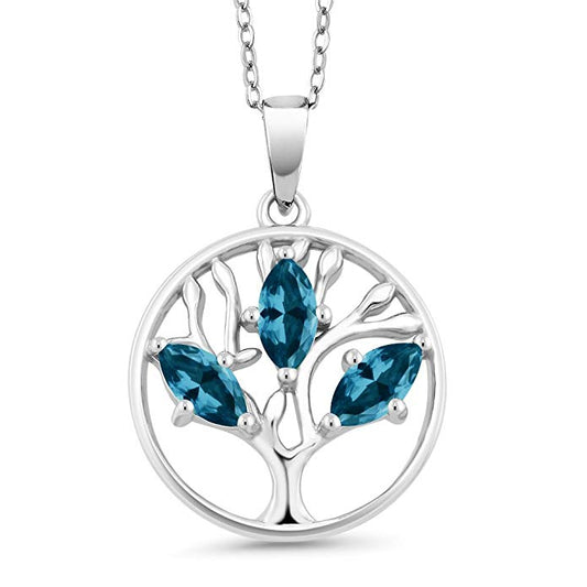 Blue Topaz Trio Marquis Cut Tree of Life Necklace in 14K White Gold