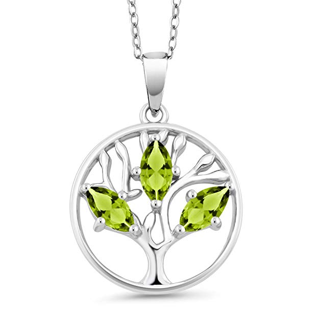 Peridot Trio Marquis Cut Tree of Life Necklace in 14K White Gold