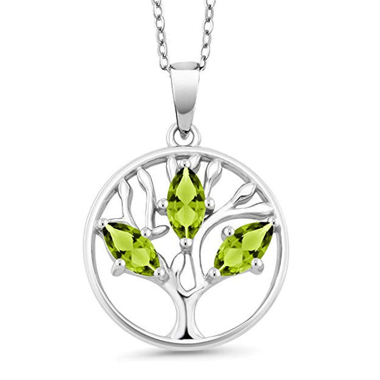 Peridot Trio Marquis Cut Tree of Life Necklace in 14K White Gold