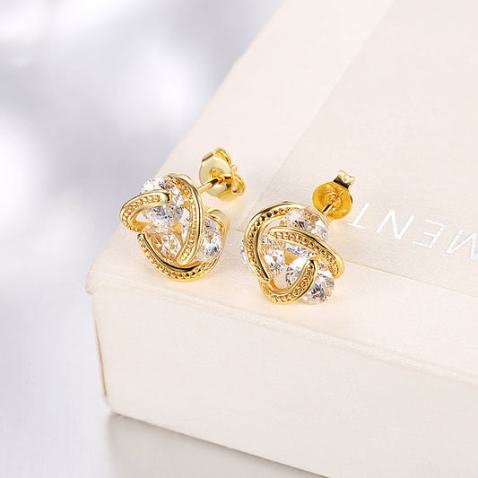 Triple Stone Knot Stud Earring in Goldtone with  Crystals