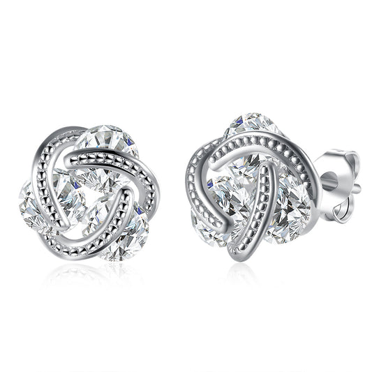 Triple Stone Knot Stud Earring in  Silvertone with  Crystals