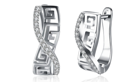 14K White Gold Plated White Sapphire Pav'e Greek Key Design Pav'e Curved Hinge Earrings