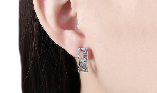 14K White Gold Plated Luxe Elements Pav'e Greek Key Design Pav'e Curved Hinge Earrings ITALY Design