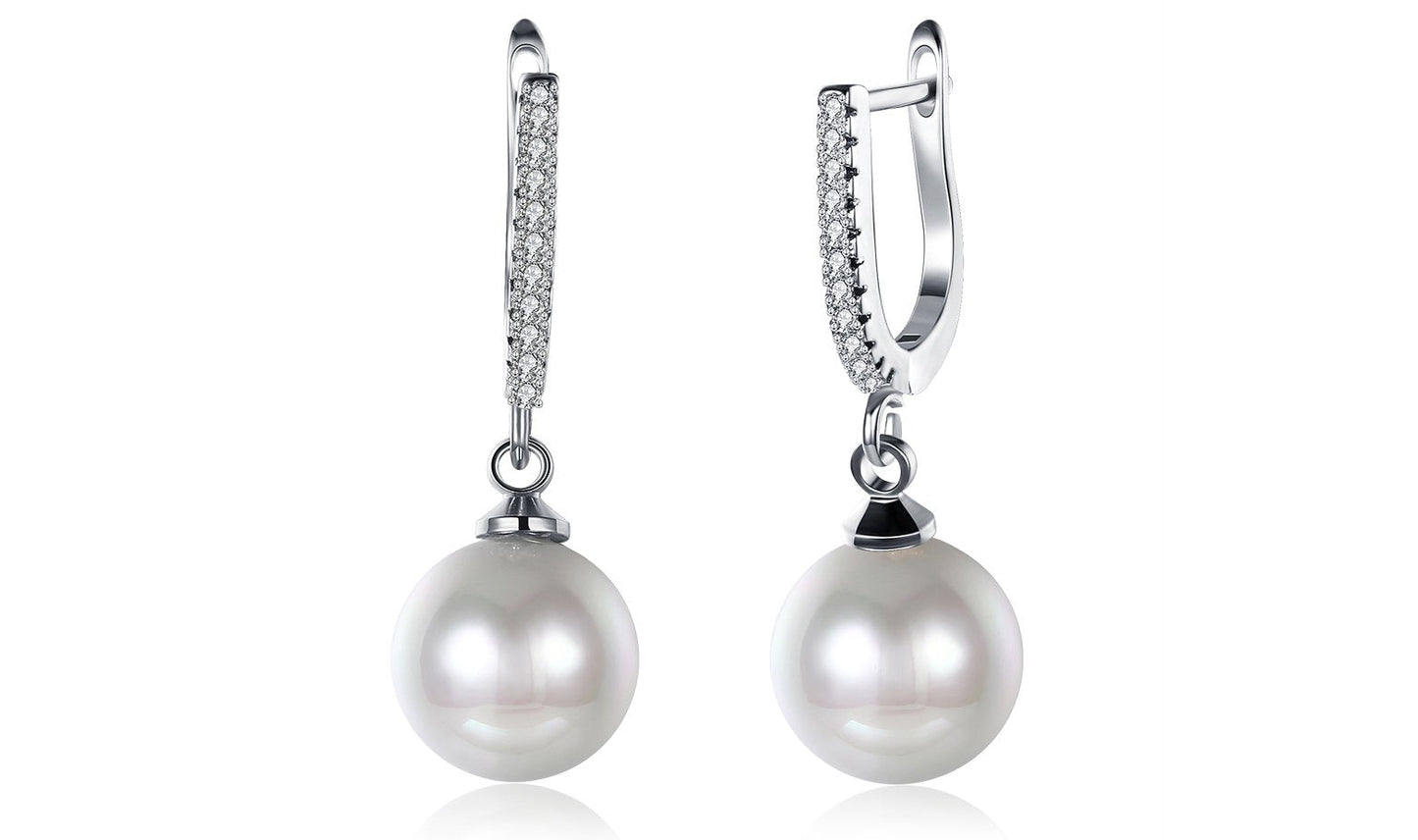 White Luxe Elements Thin Dangling Freshwater Pearl Clip On Earrings in 14K White Gold Tone  ITALY Design