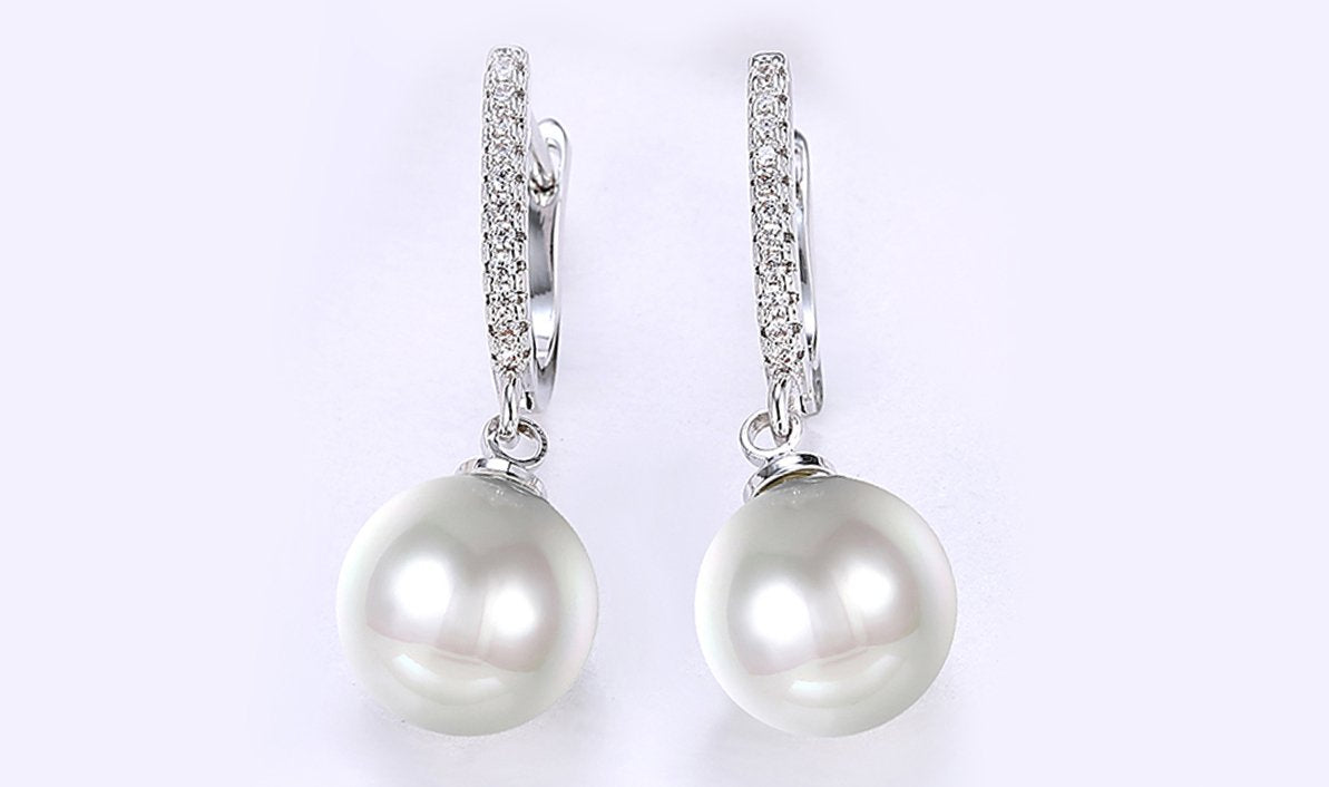 White Luxe Elements Thin Dangling Freshwater Pearl Clip On Earrings in 14K White Gold Tone  ITALY Design