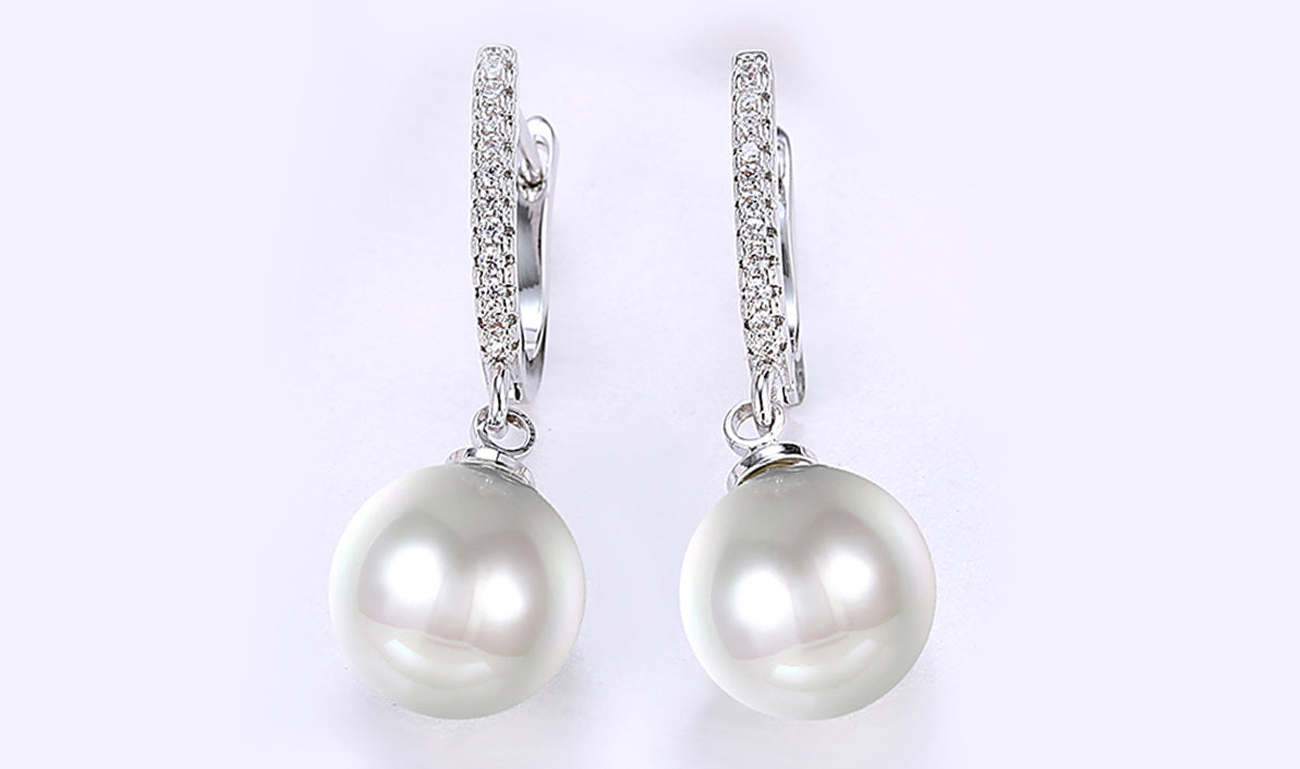 White Sapphire Thin Dangling Freshwater Pearl Clip On Earrings in 14K White Gold Tone