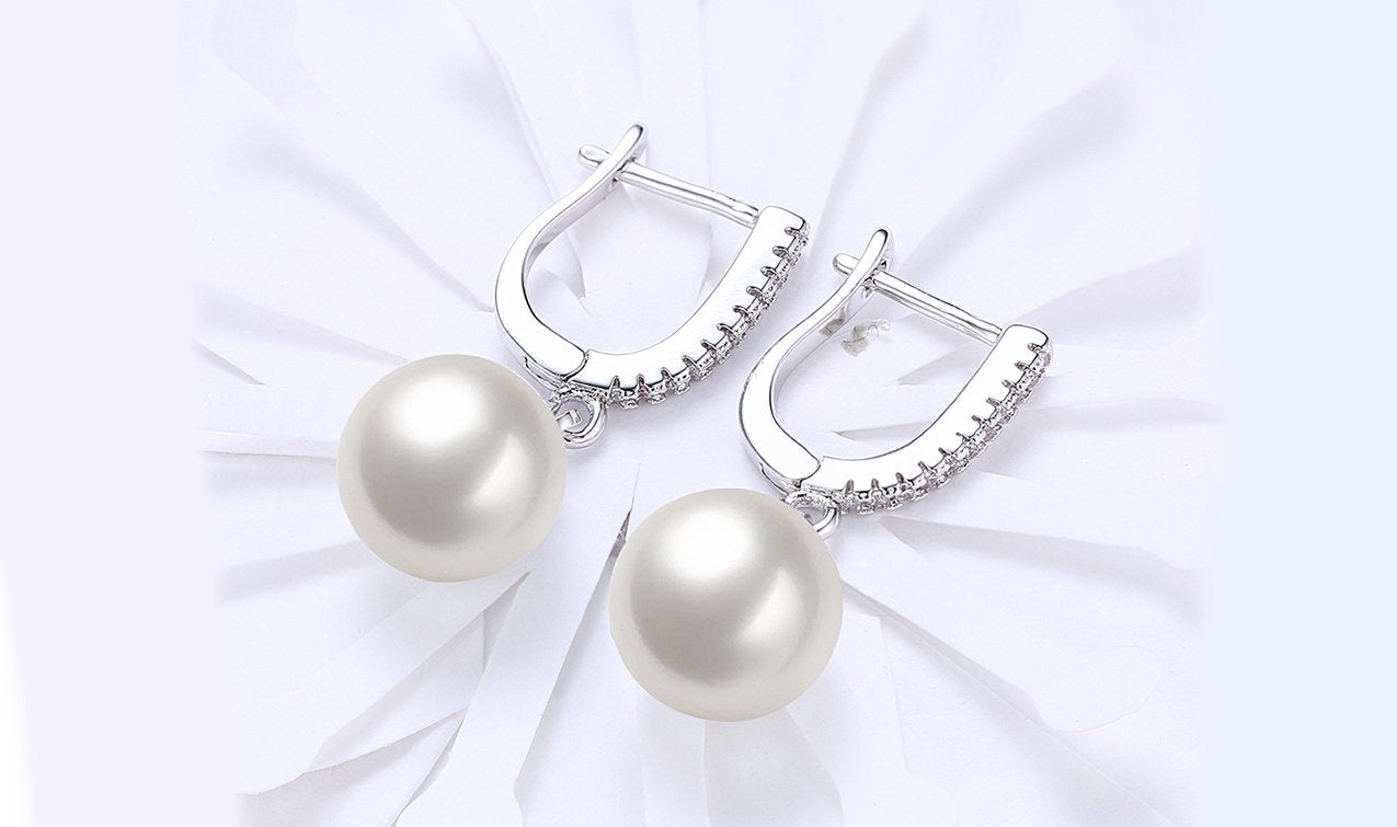 White Luxe Elements Thin Dangling Freshwater Pearl Clip On Earrings in 14K White Gold Tone  ITALY Design