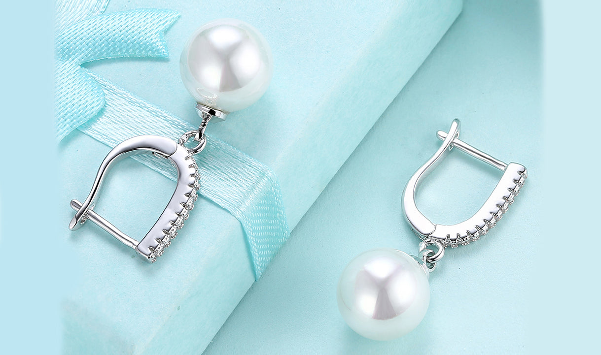 White Sapphire Thin Dangling Freshwater Pearl Clip On Earrings in 14K White Gold Tone
