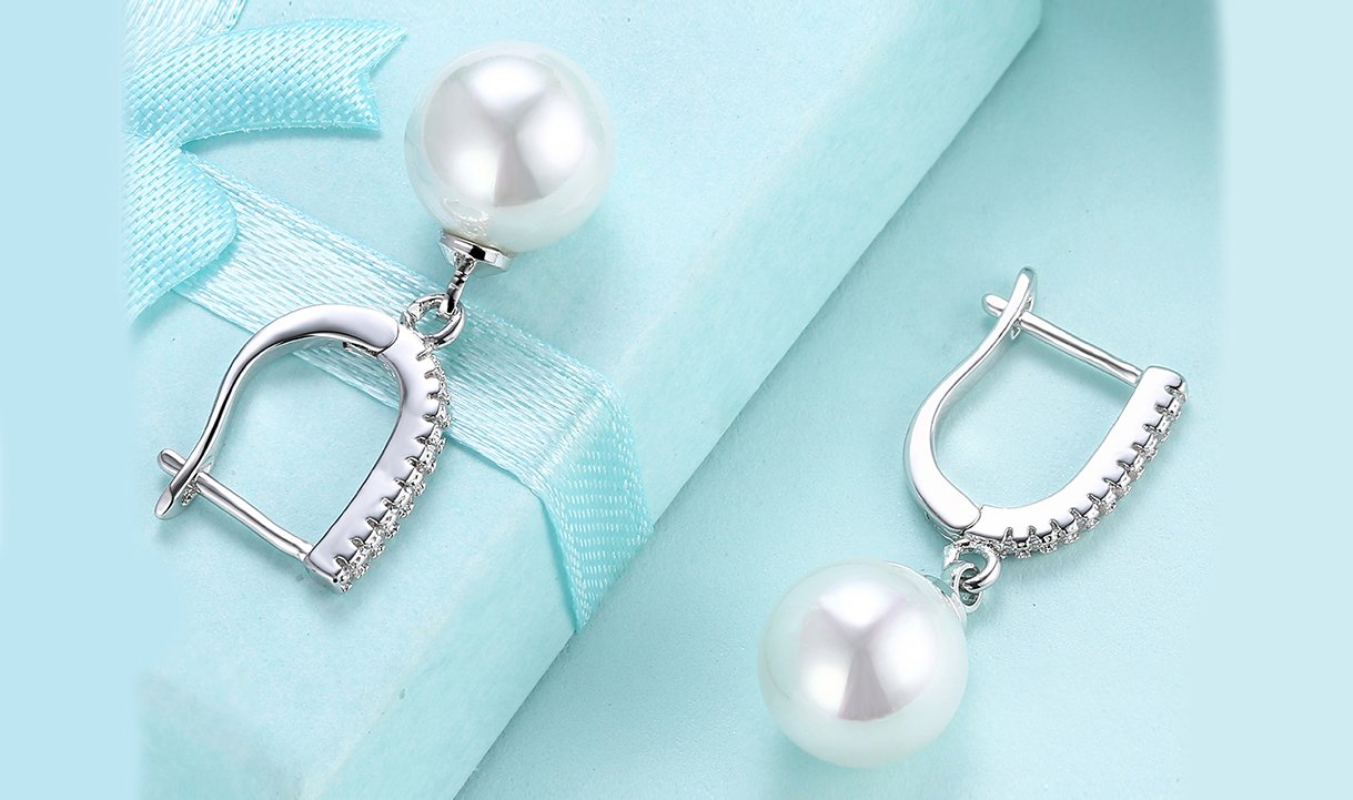 White Luxe Elements Thin Dangling Freshwater Pearl Clip On Earrings in 14K White Gold Tone  ITALY Design