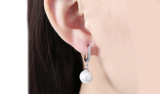White Sapphire Thin Dangling Freshwater Pearl Clip On Earrings in 14K White Gold Tone