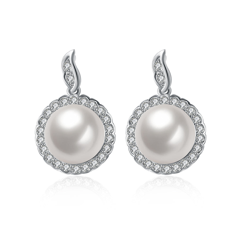Halo Pave Freshwater Pearl Stud in  Silvertone with  Crystals