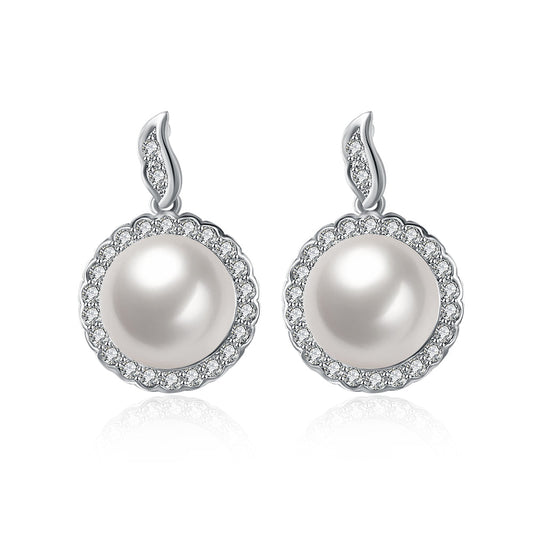 Halo Pave Freshwater Pearl Stud in  Silvertone with  Crystals