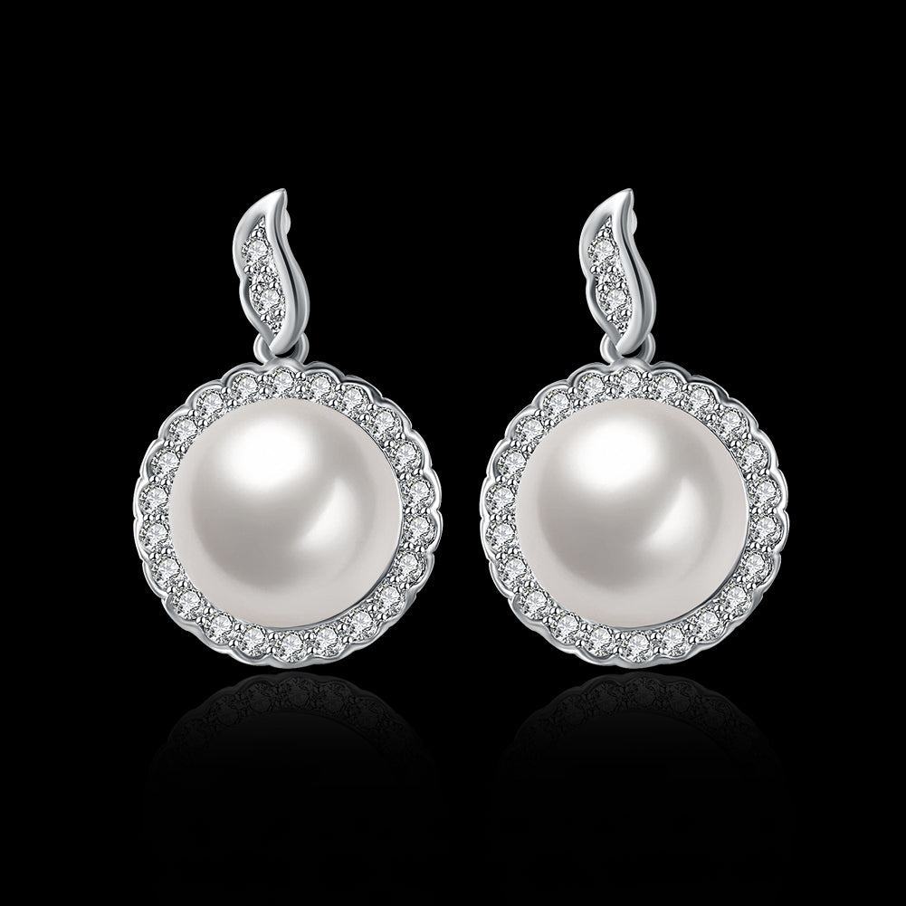 Halo Pave Freshwater Pearl Stud in  Silvertone with  Crystals
