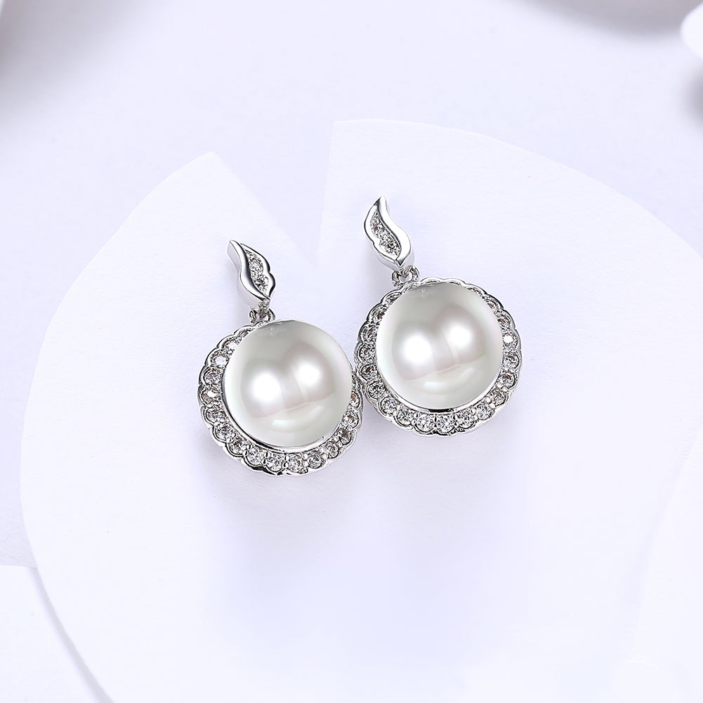 Halo Pave Freshwater Pearl Stud in  Silvertone with  Crystals