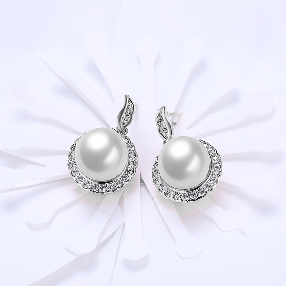 Halo Pave Freshwater Pearl Stud in  Silvertone with  Crystals