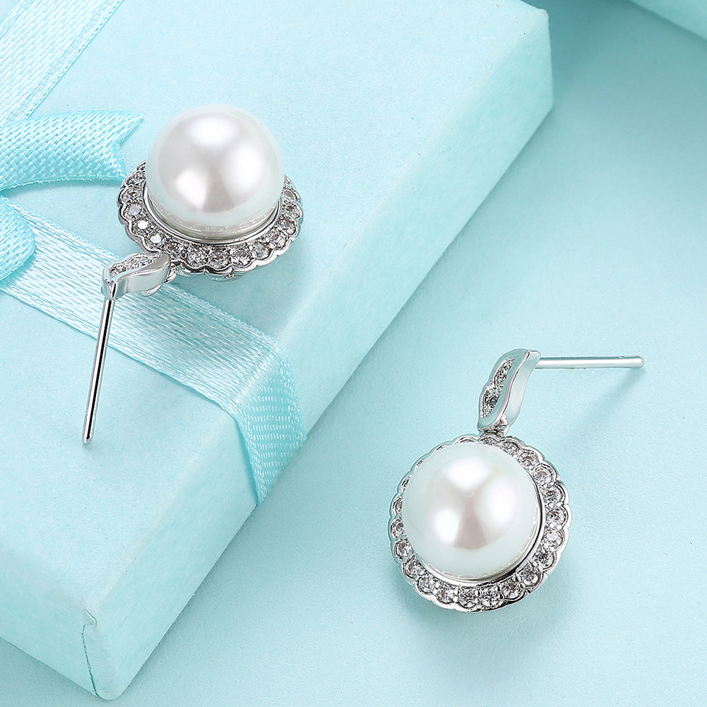 Halo Pave Freshwater Pearl Stud in  Silvertone with  Crystals