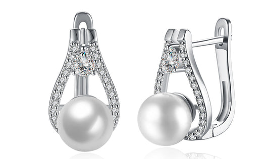 14K White Gold Tone   Elements Pav'e Freshwater Pearl Pear Cut Clip On Earrings