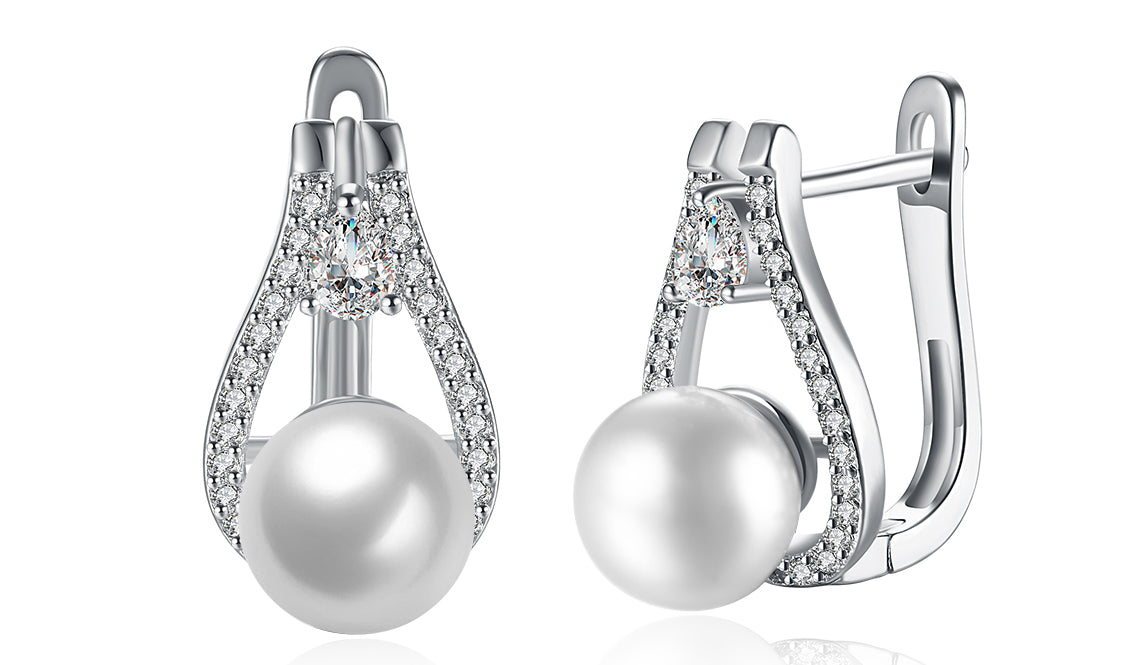 14K White Gold Tone  White Sapphire Pav'e Freshwater Pearl Pear Cut Clip On Earrings