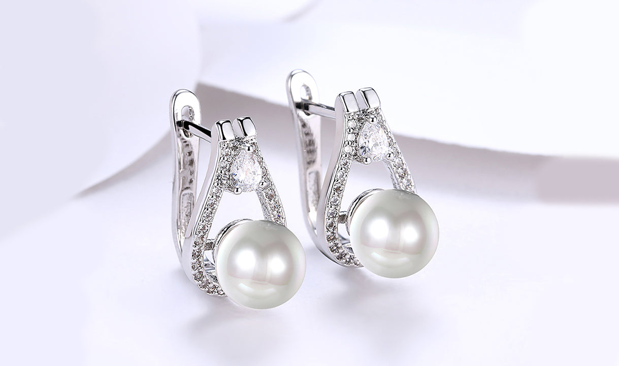 14K White Gold Tone  White Sapphire Pav'e Freshwater Pearl Pear Cut Clip On Earrings