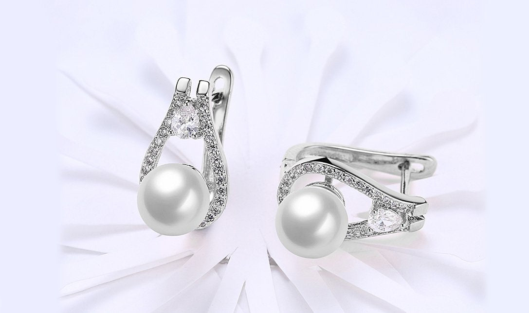 14K White Gold Tone  Luxe Elements Pav'e Freshwater Pearl Pear Cut Clip On Earrings ITALY Design