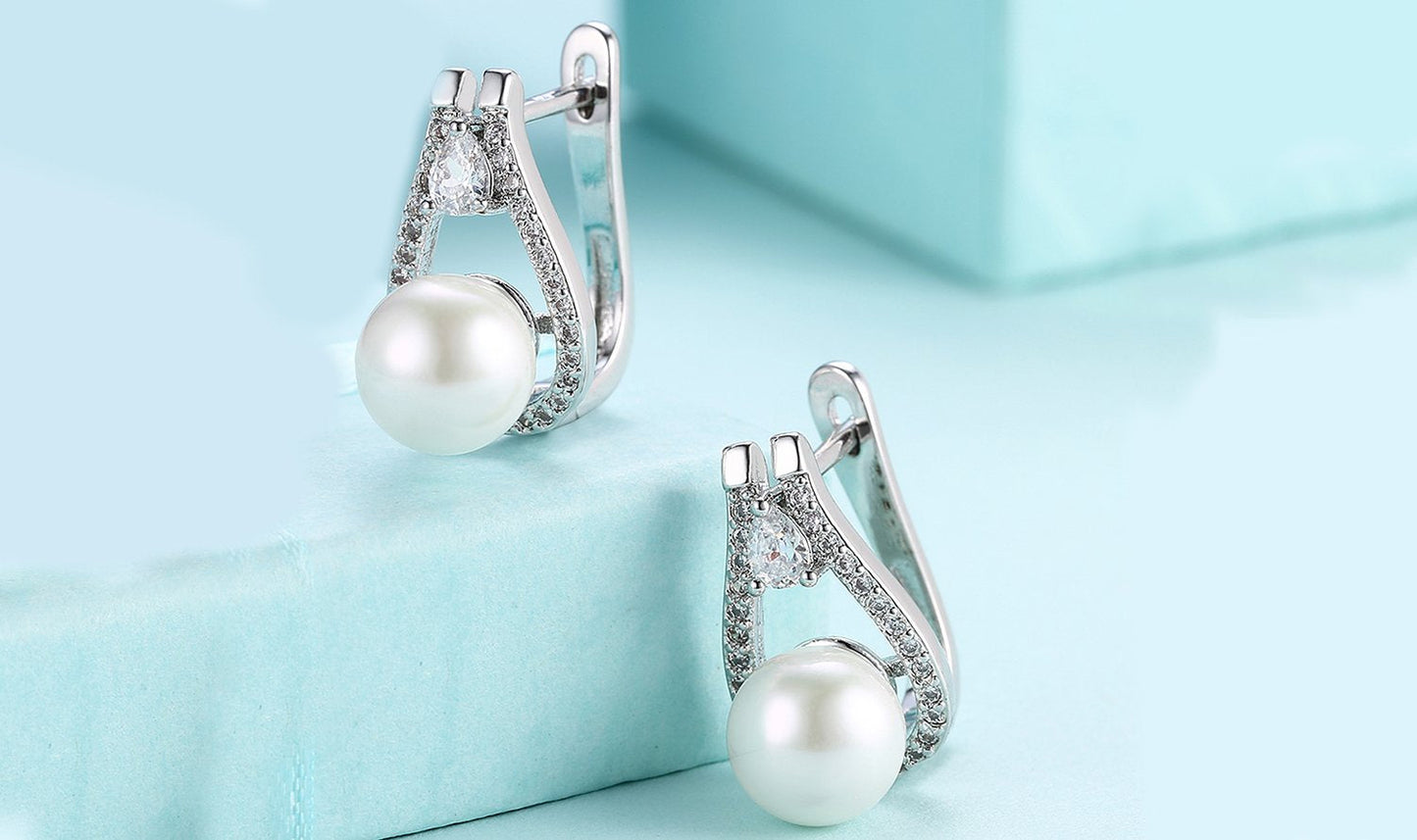 14K White Gold Tone  Luxe Elements Pav'e Freshwater Pearl Pear Cut Clip On Earrings ITALY Design